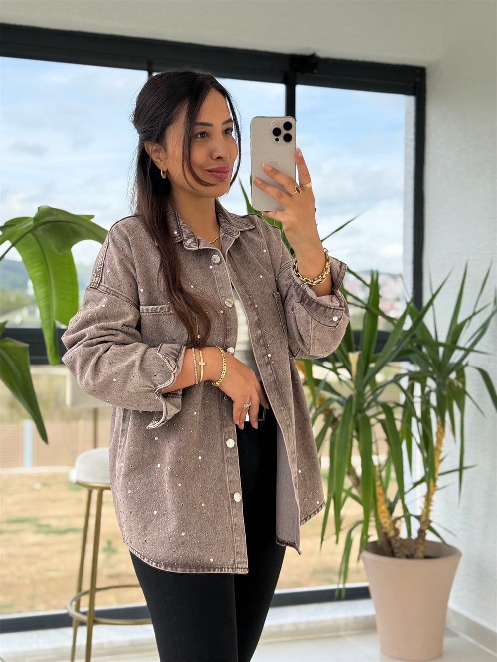 Zra Model Taşlı Denim Gömlek Vizon