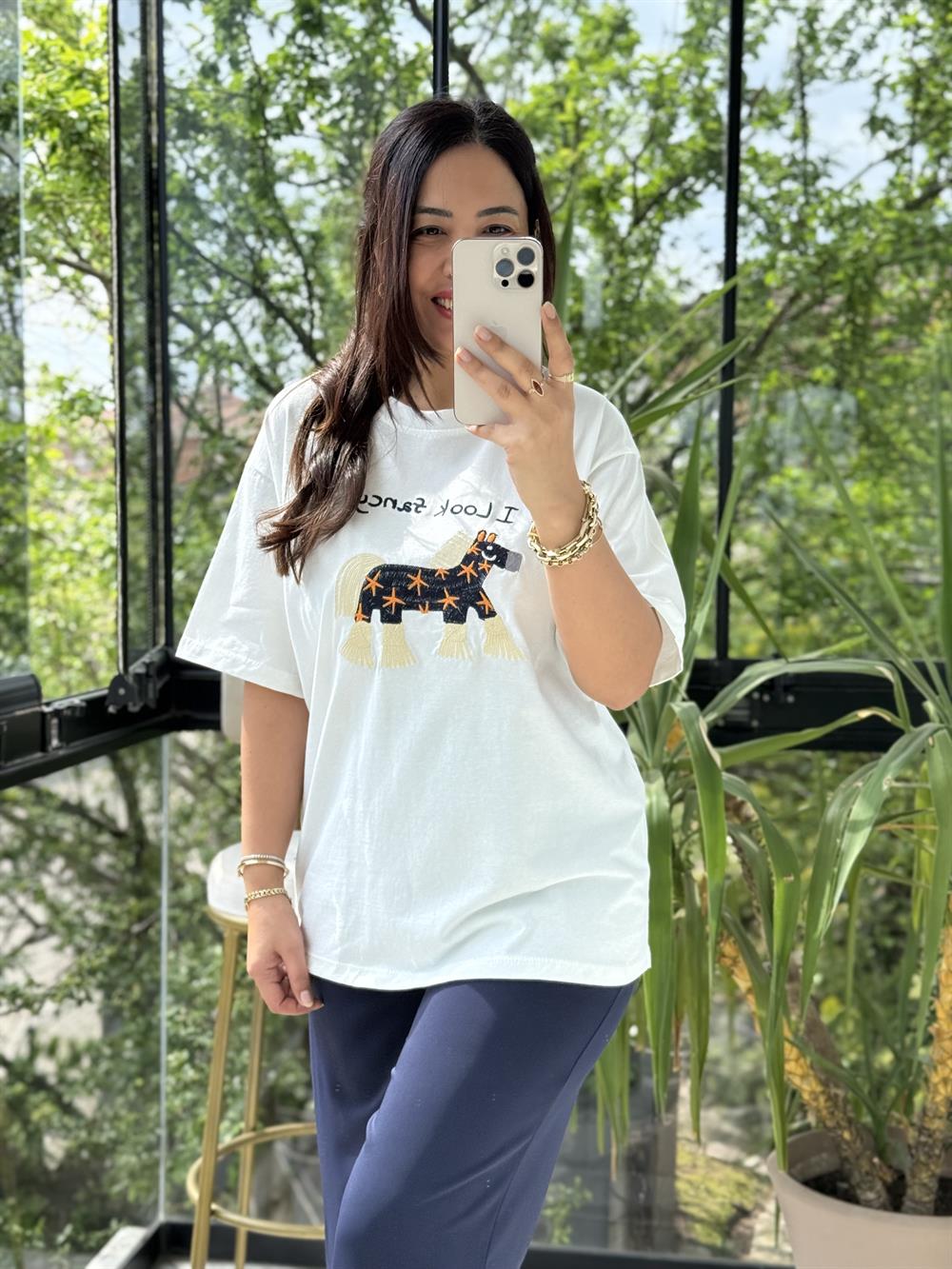 At Nakışlı Pamuklu Tişört Beyaz