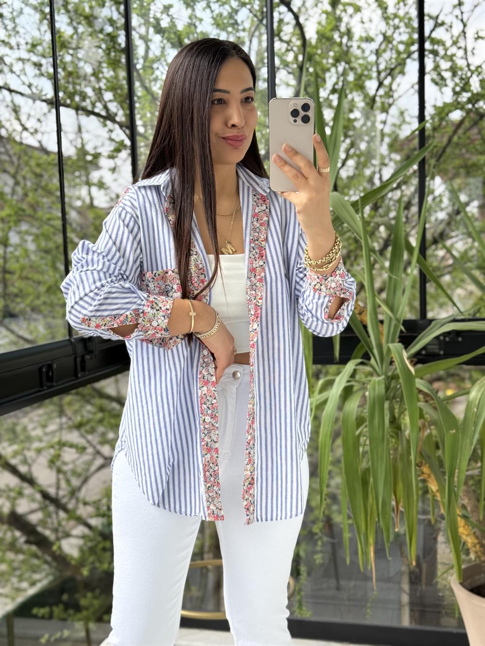 Çiçek Detaylı Çizgili Gömlek Lacivert