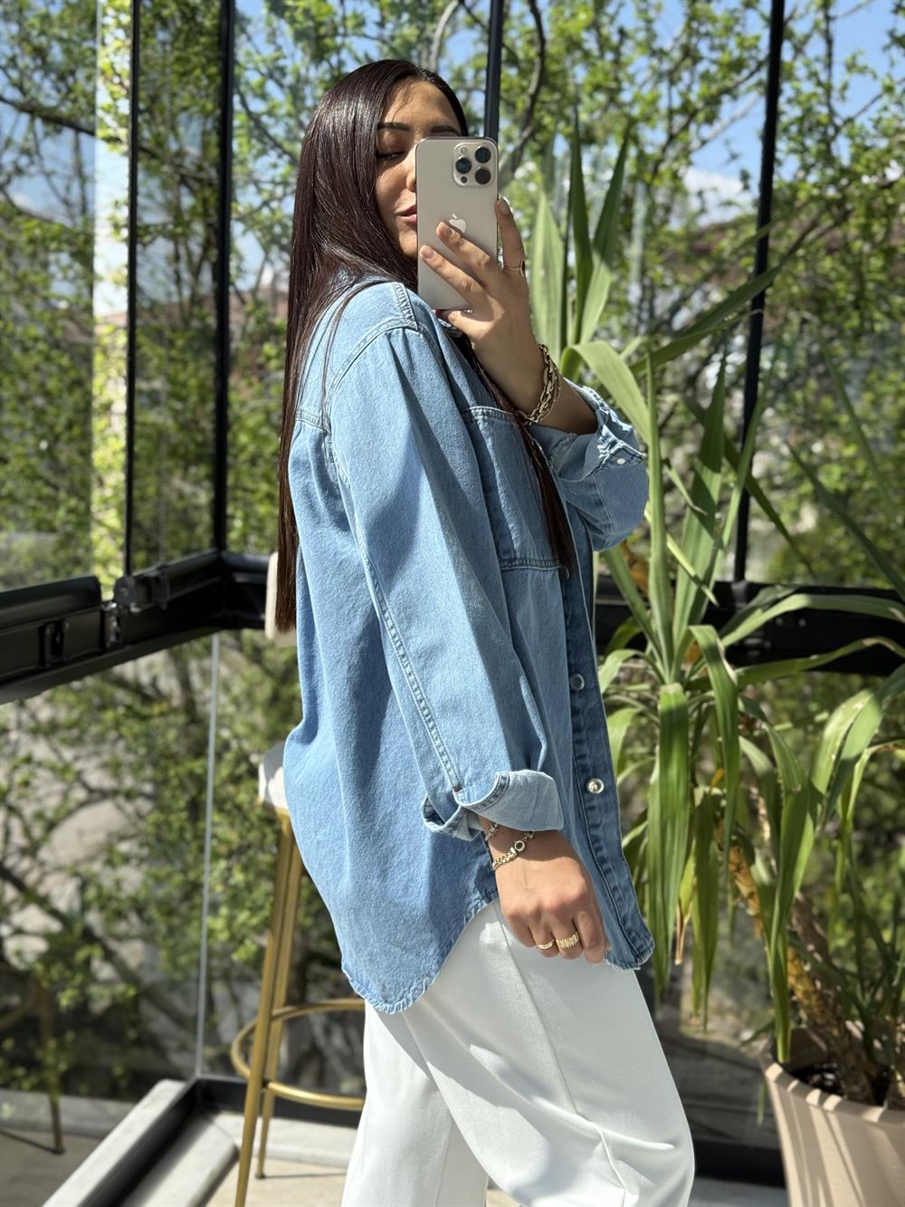 Düğmeli Oversize Gömlek Mavi