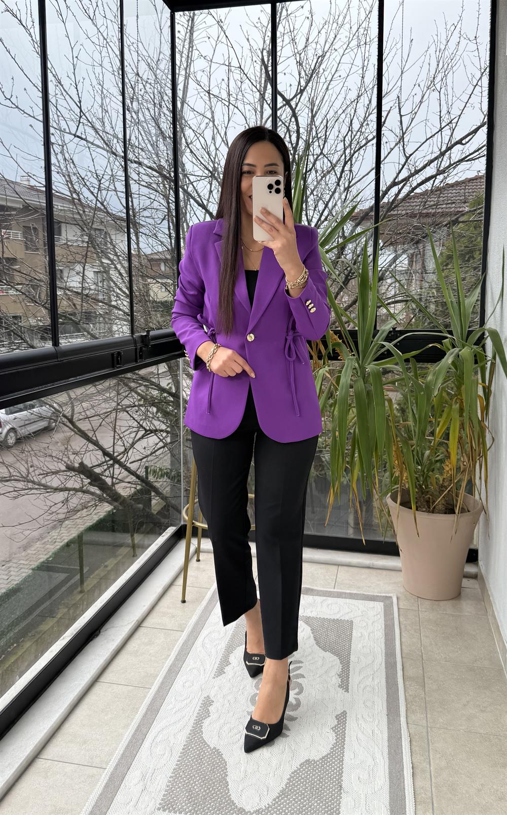 Yanı Bağcıklı Slim Blazer Ceket Mor