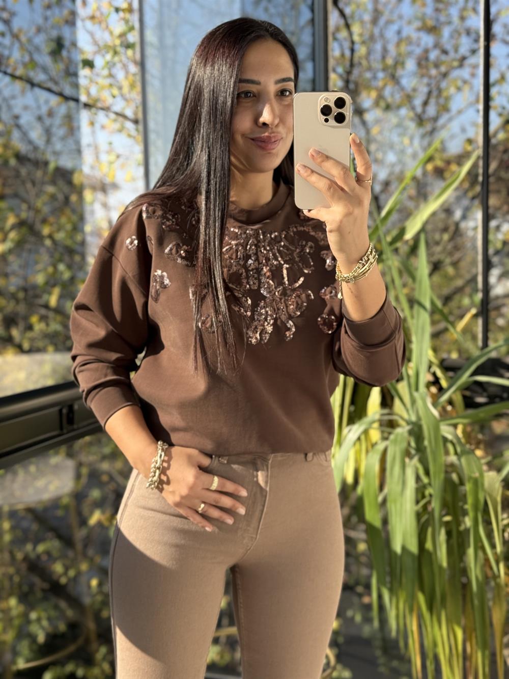 Payetli Modal Sweatshirt Kahve