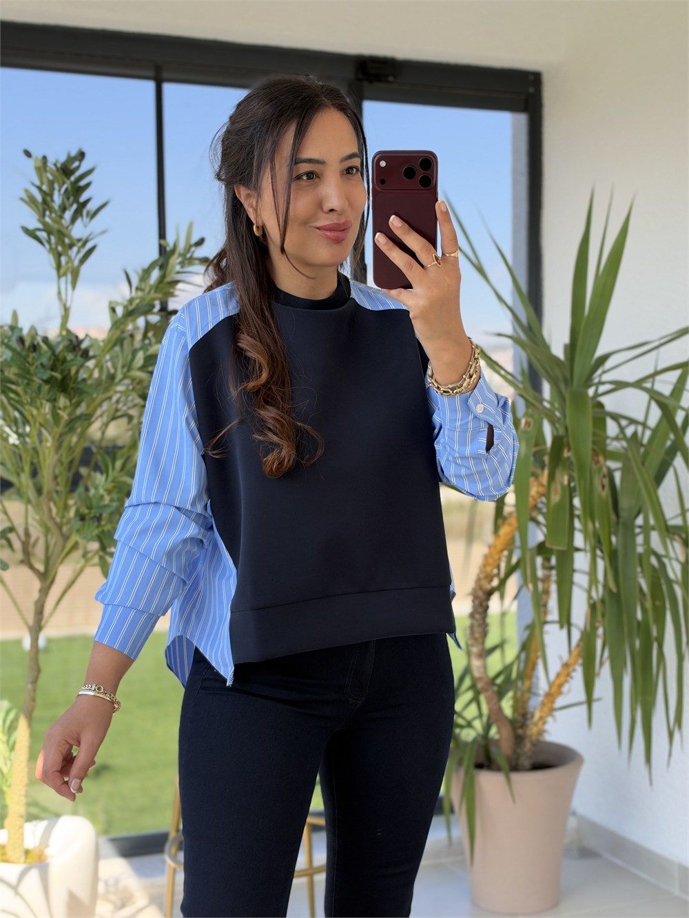 Kolu Ve Arkası Çizgili Poplin Modal Sweatshirt Lacivert
