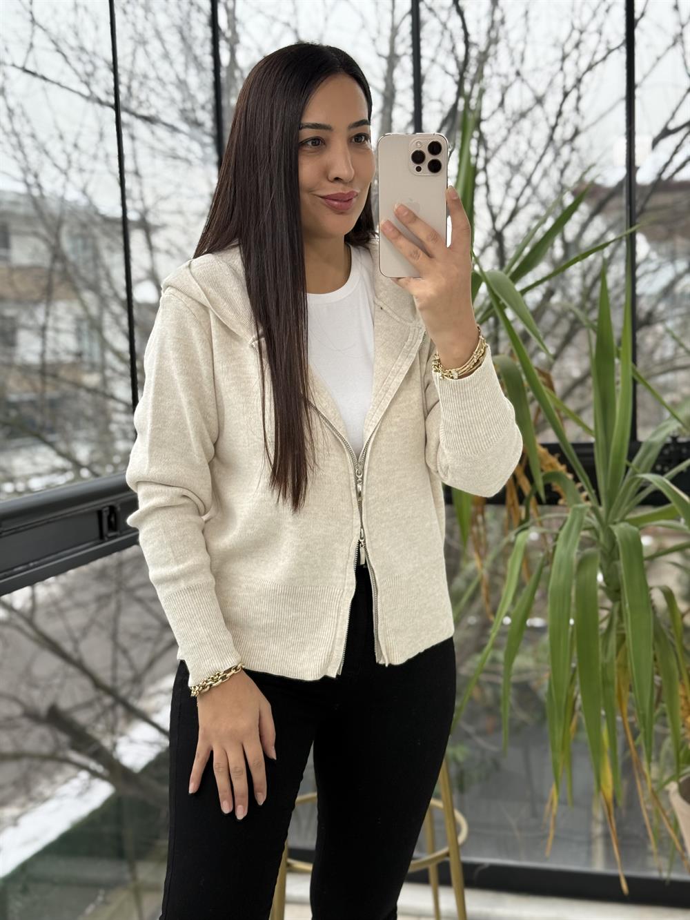 Çift Fermuarlı Kapüşonlu Yumoş Basic Hırka Krem