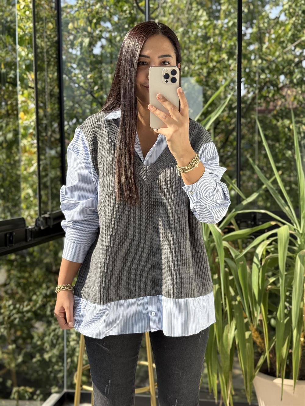 Poplin Gömlek Mix Süveter Gri