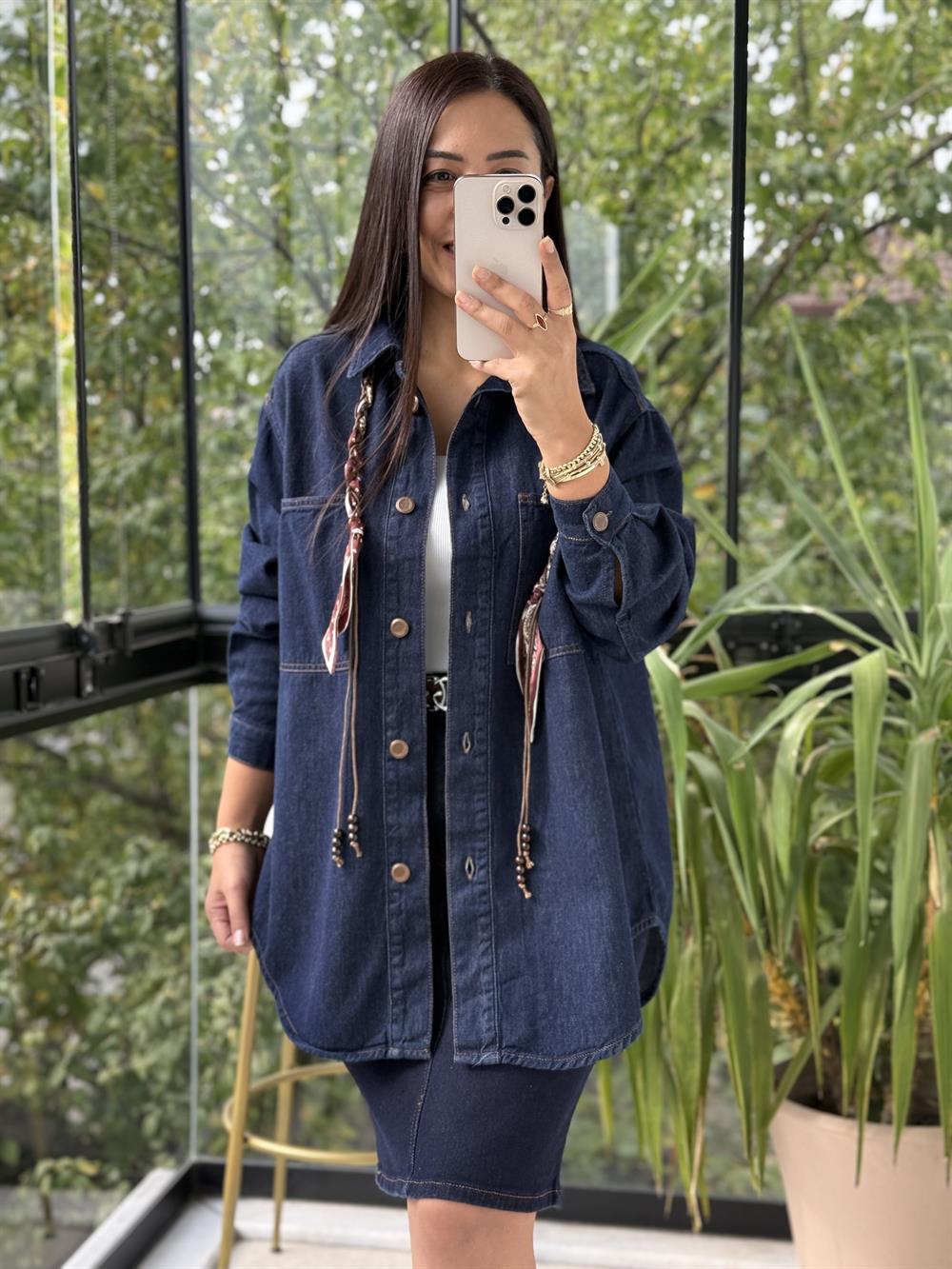 Düğmeli Oversize Gömlek Slaplı Lacivert