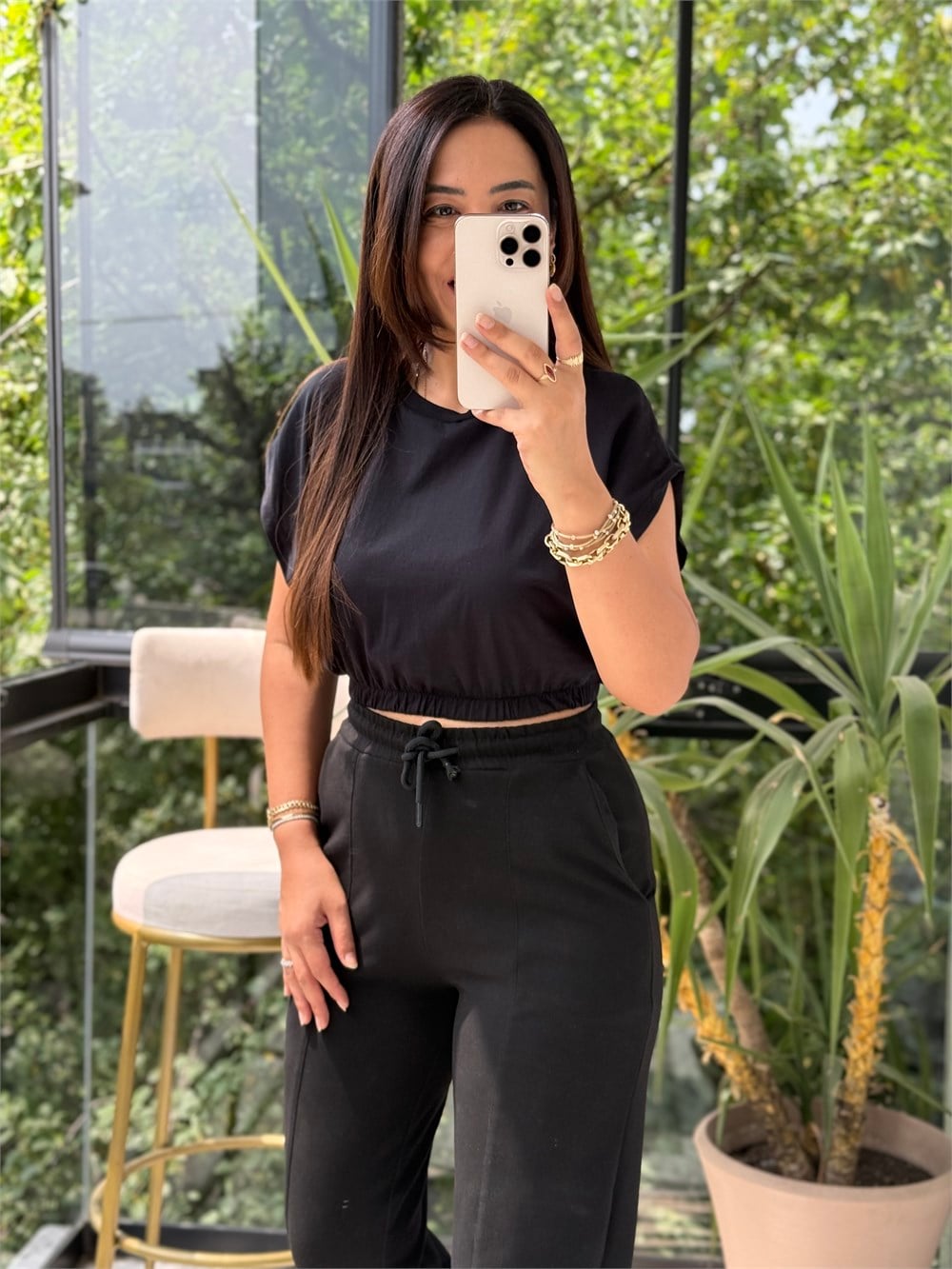 Beli Lastikli Crop Tişört Siyah
