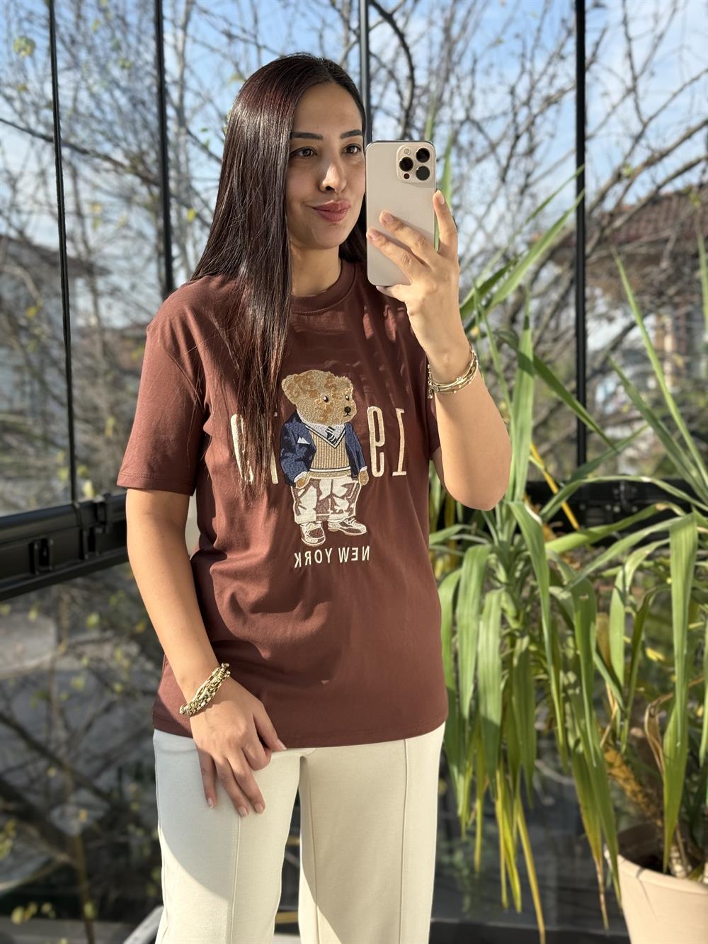 Newyork Yazılı İşlemeli Basic Tişört Kahve