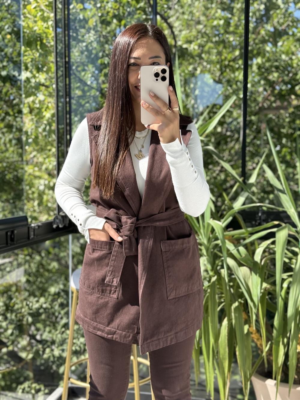 Kuşaklı Kruvaze Yaka Yelek Kahve