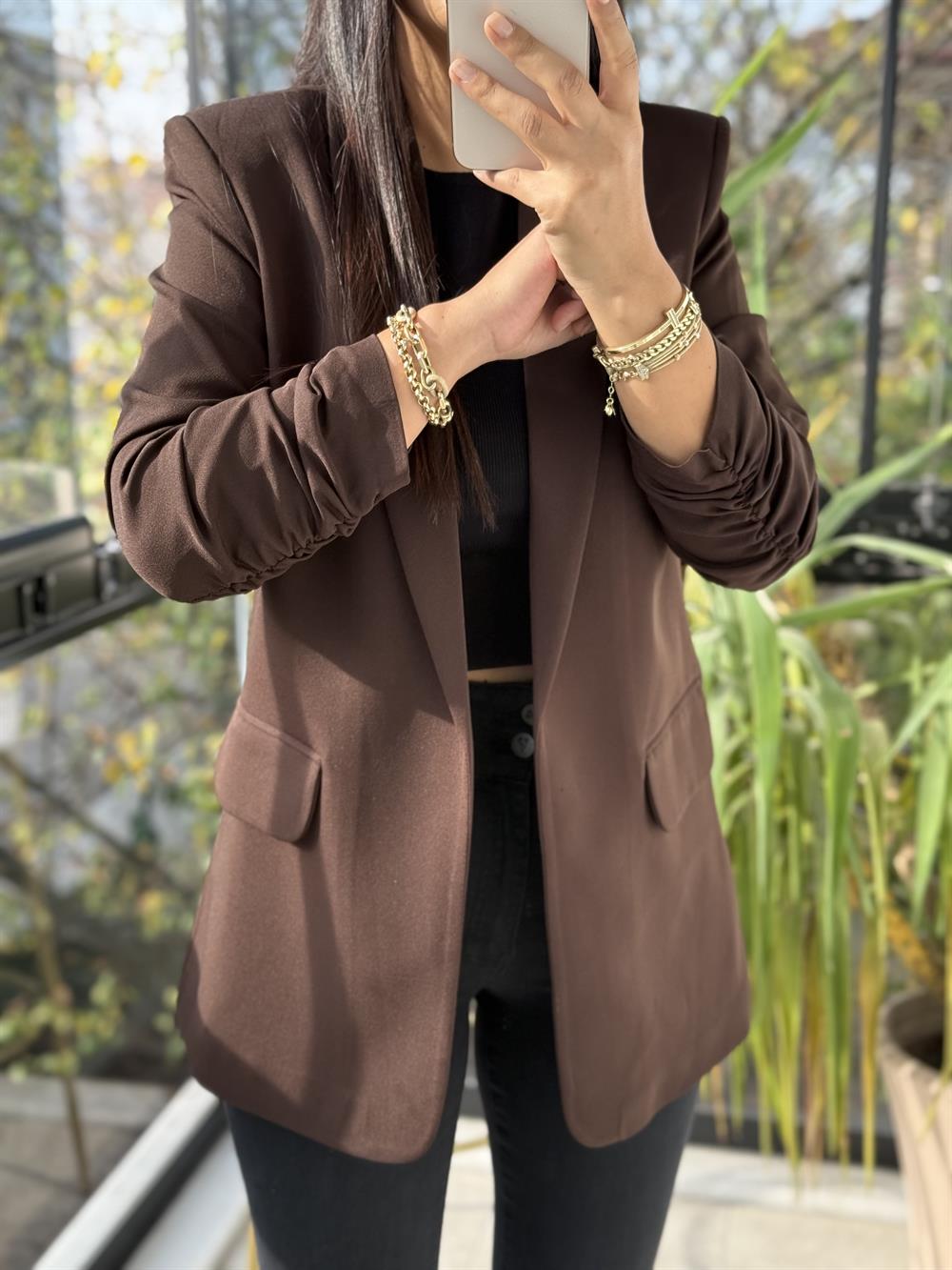 Kolu Büzgülü Blazer Ceket Kahve