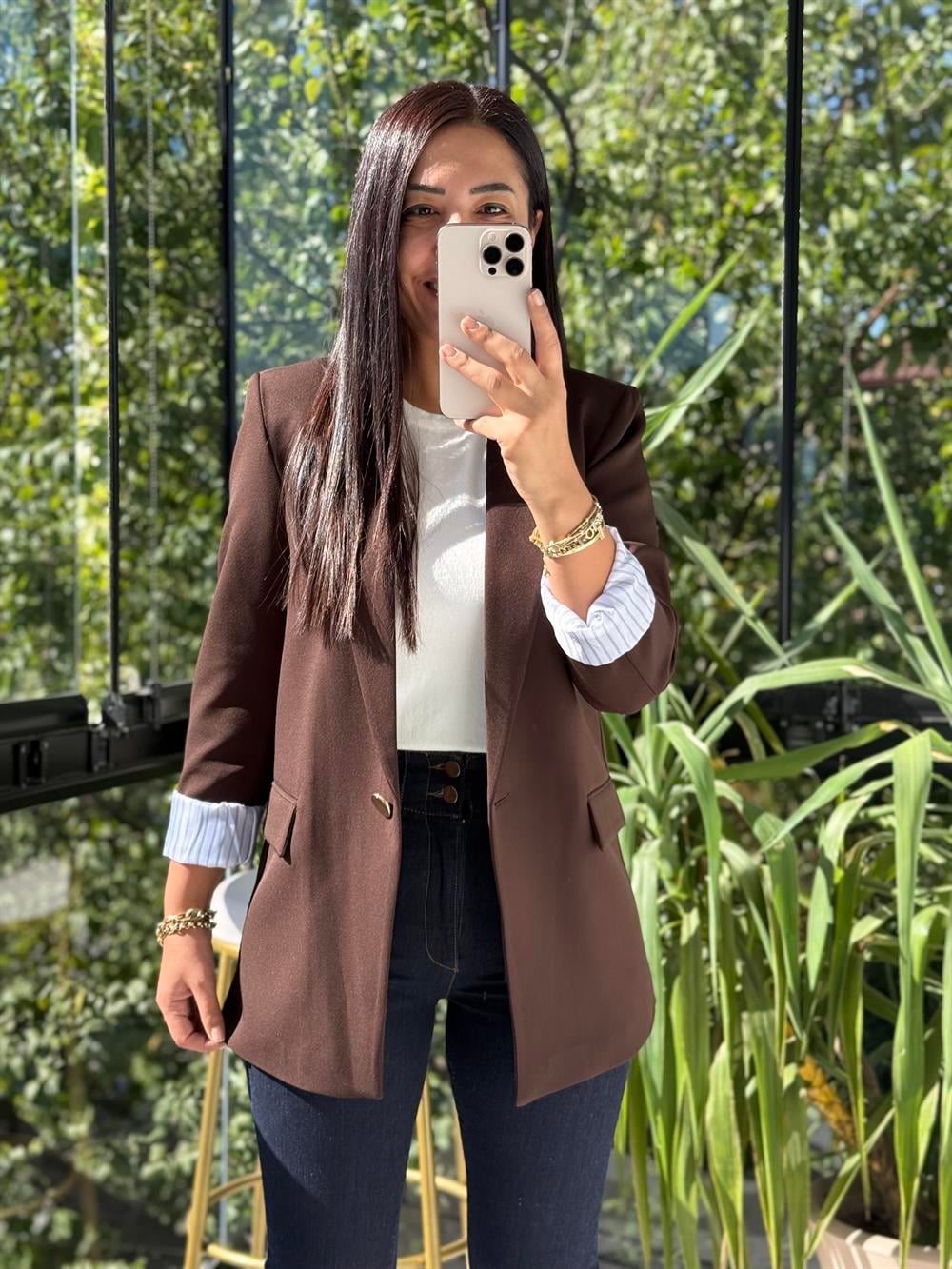 Kol Astarı Garnili Tek Düğme Blazer Ceket Kahve