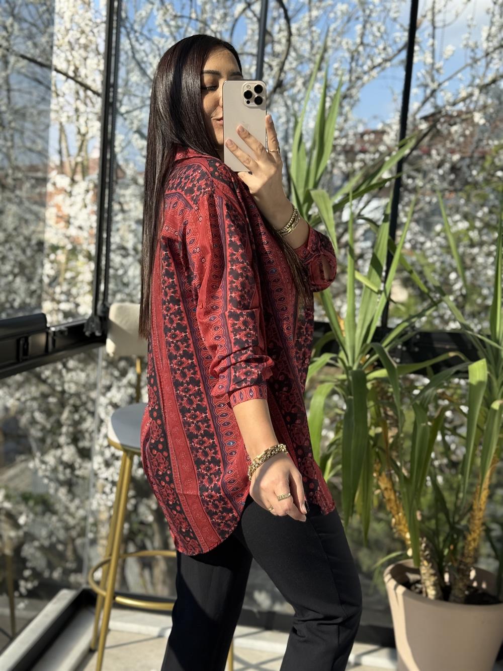 Etnik Desenli Pamuklu Gömlek Kırmızı 