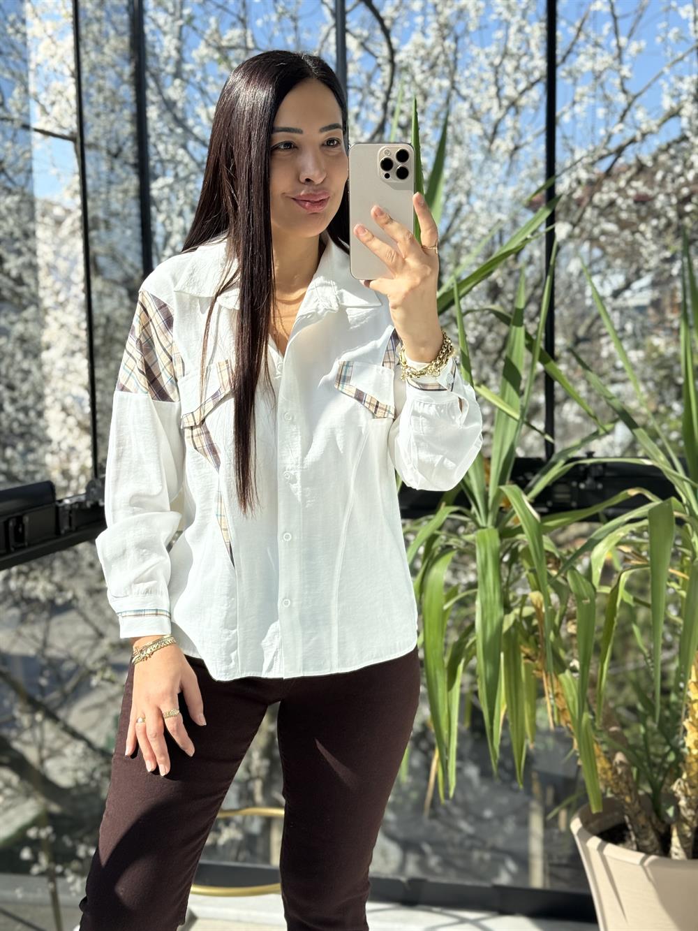 Ekose Garnili Gömlek Ekru