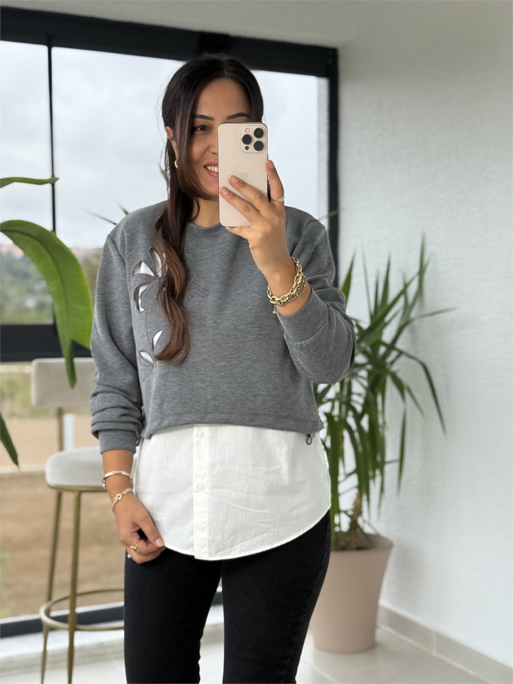 Nakışlı Gömlekli Sweatshirt Gri