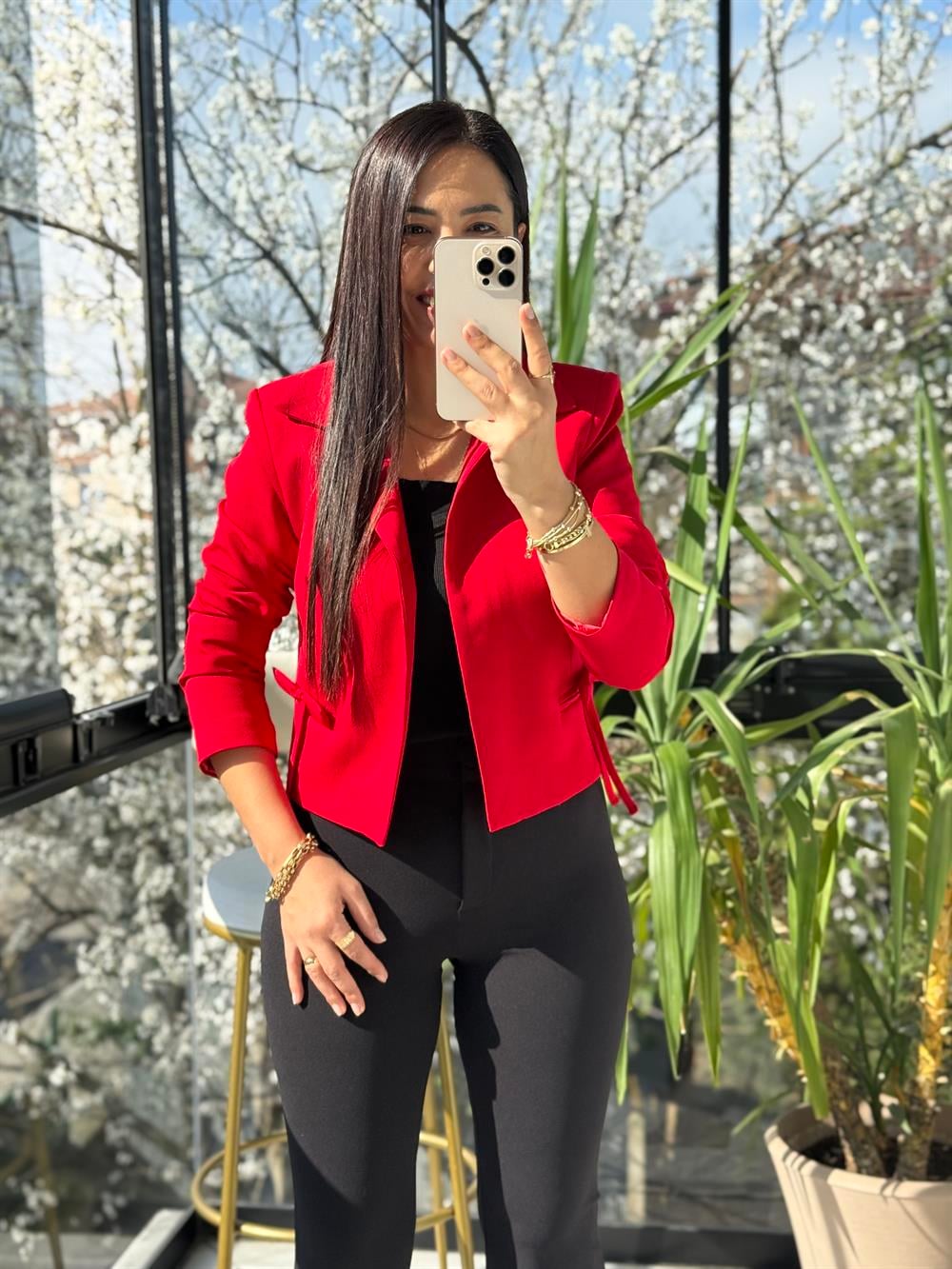 Uzun Kol Fiyonklu Blazer Ceket Kırmızı