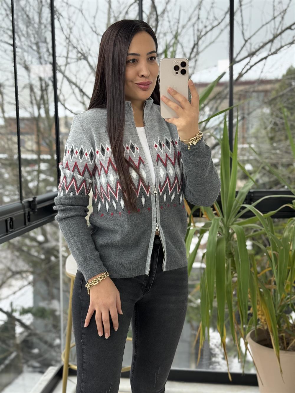 Geometrik Desenli Çift Fermuarlı Hırka Gri