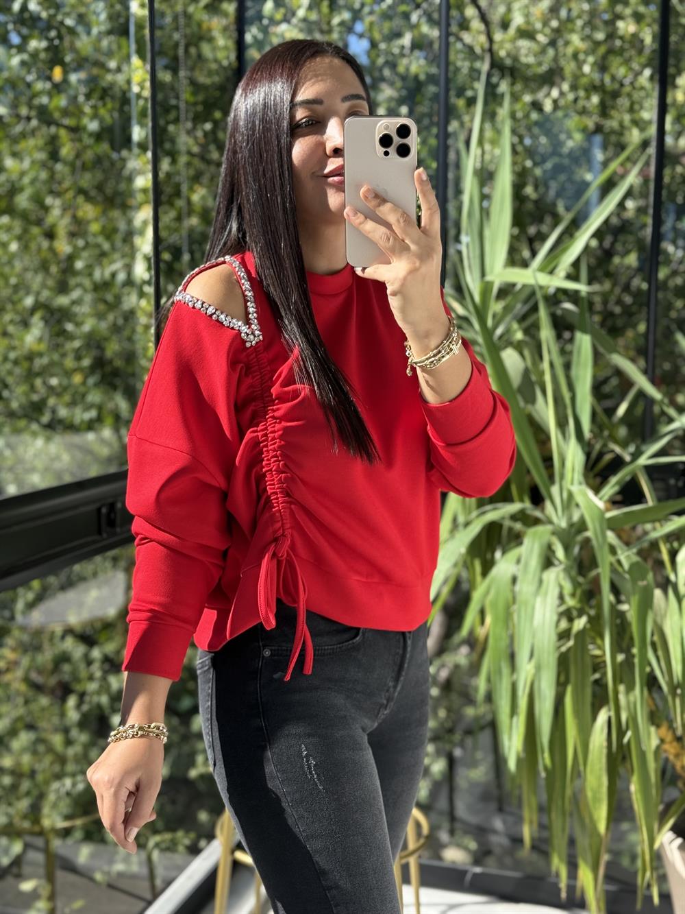 Taş Detay Kordonlu Modal Sweatshirt Kırmızı