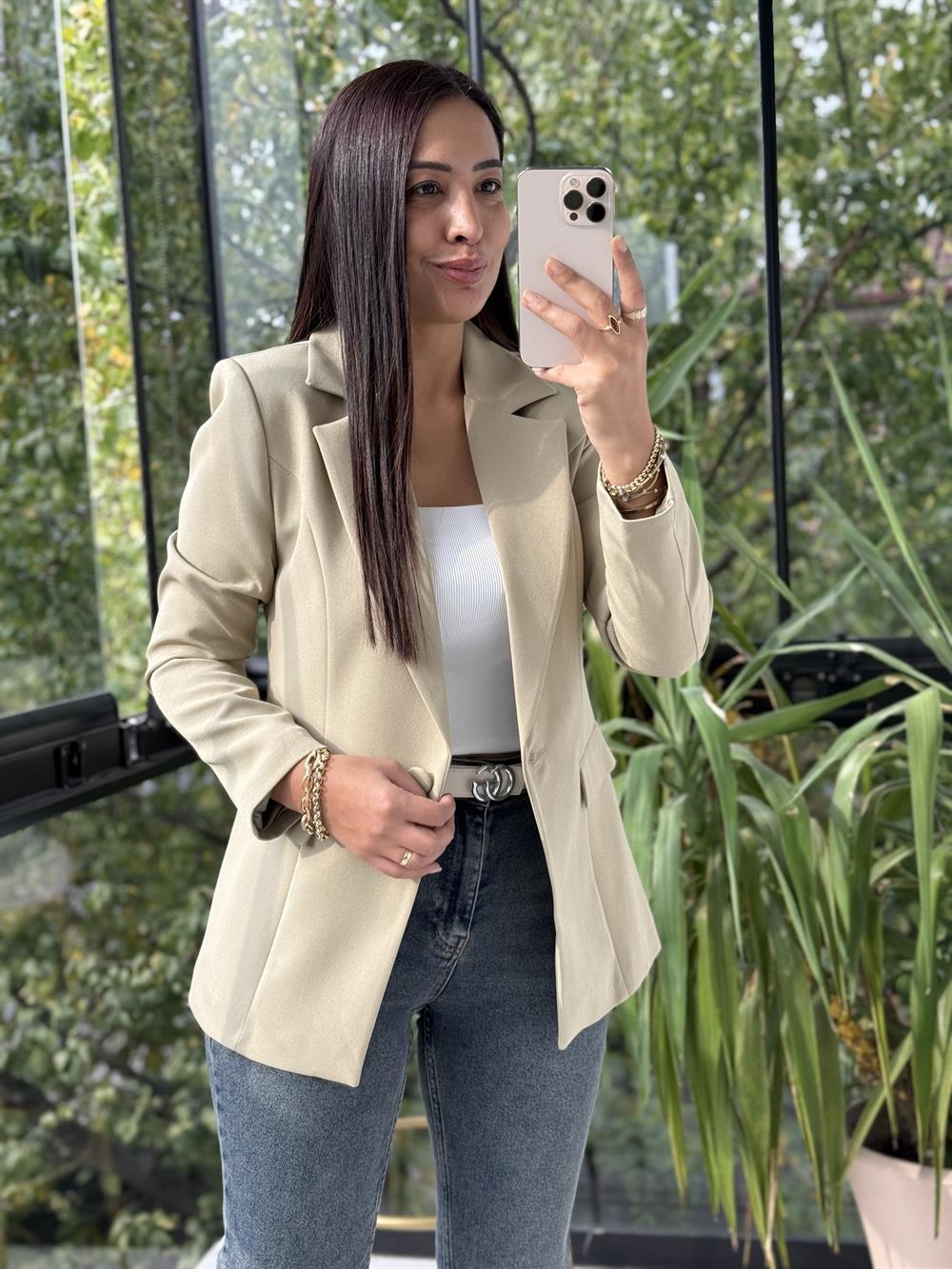 Tek Düğme Blazer Ceket Haki Yeşili