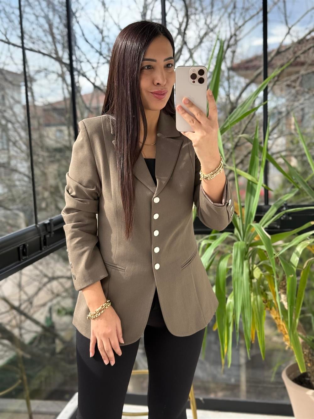 Beş Düğme Slimfit Blazer Ceket Bisküvi Kahve