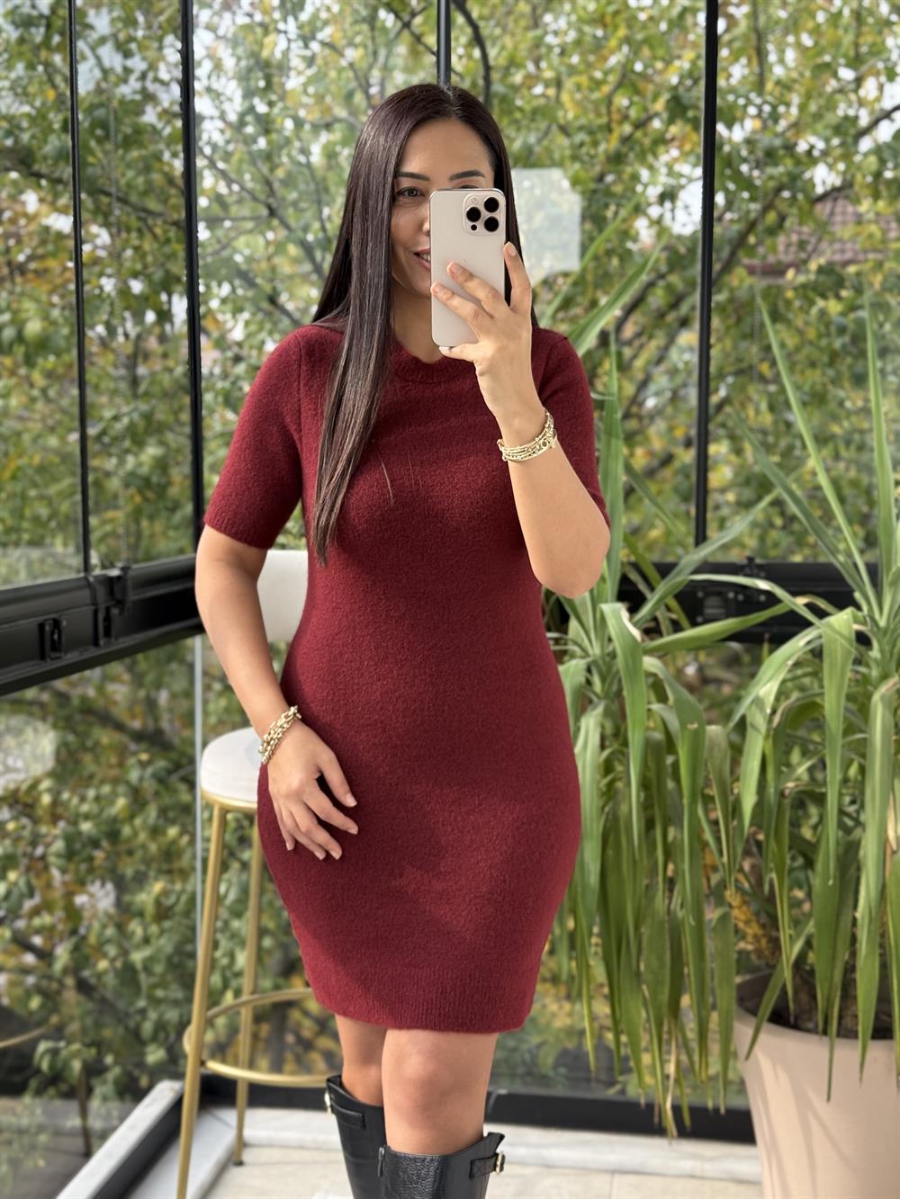 Dilvin Yumuşak Dokulu Kısa Kol Triko Elbise Bordo