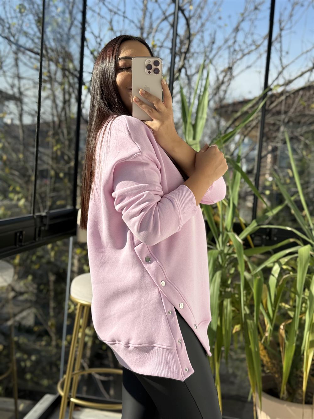 Yanı Çıtçıtlı Sweatshirt Pembe