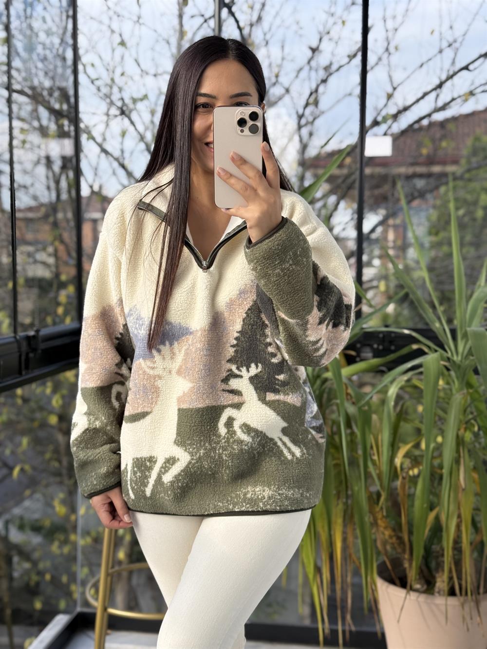 Desenli Yarım Fermuarlı Polar Sweat Yeşil