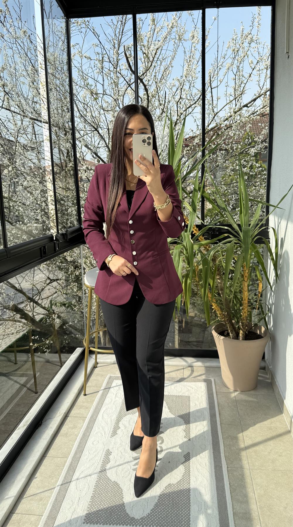 Beş Düğme Slimfit Blazer Ceket Bordo