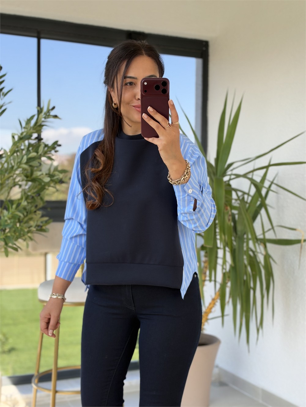 Kolu Ve Arkası Çizgili Poplin Modal Sweatshirt Lacivert