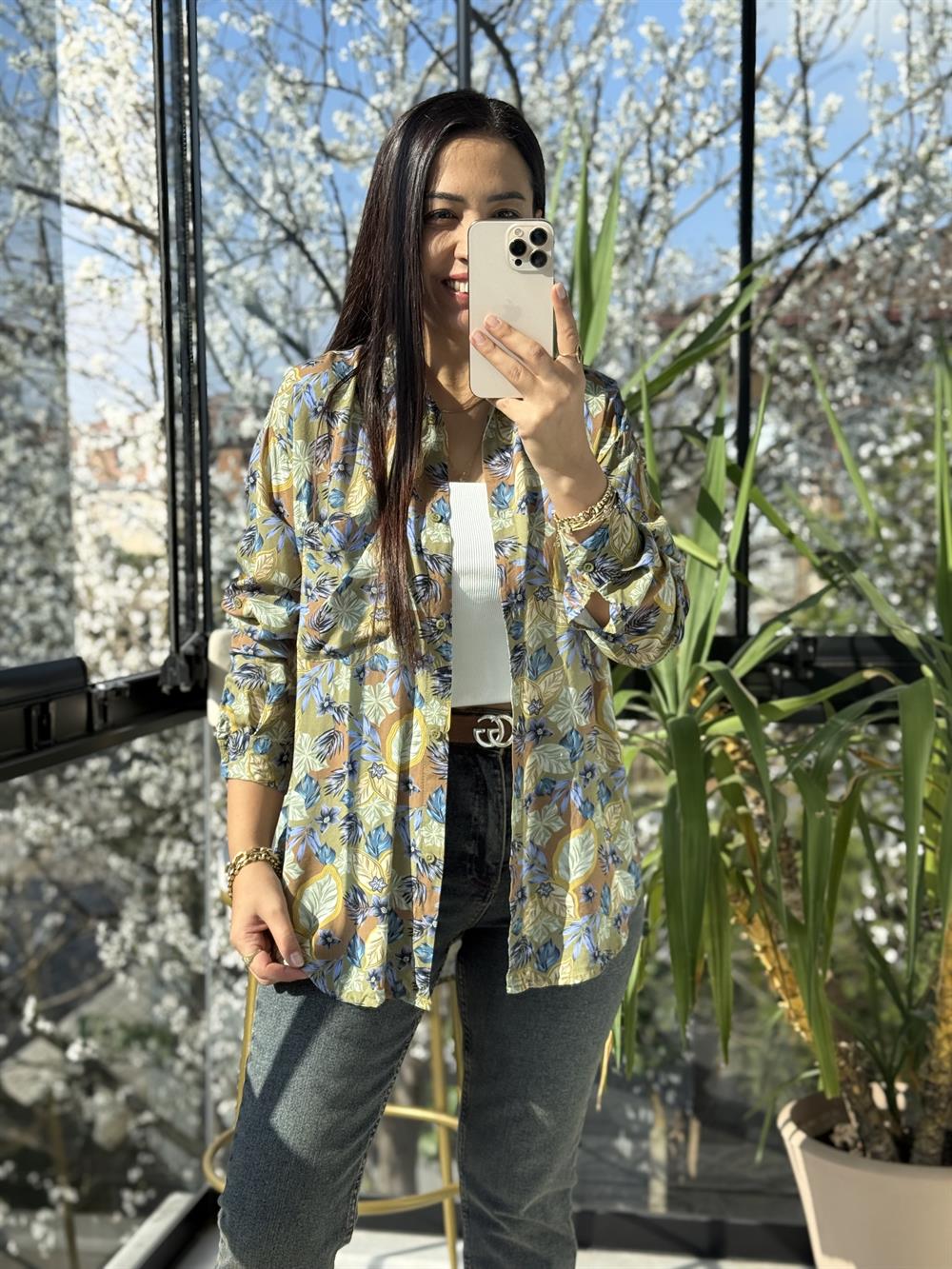 Yaprak Desenli Pamuklu Gömlek Haki Yeşili