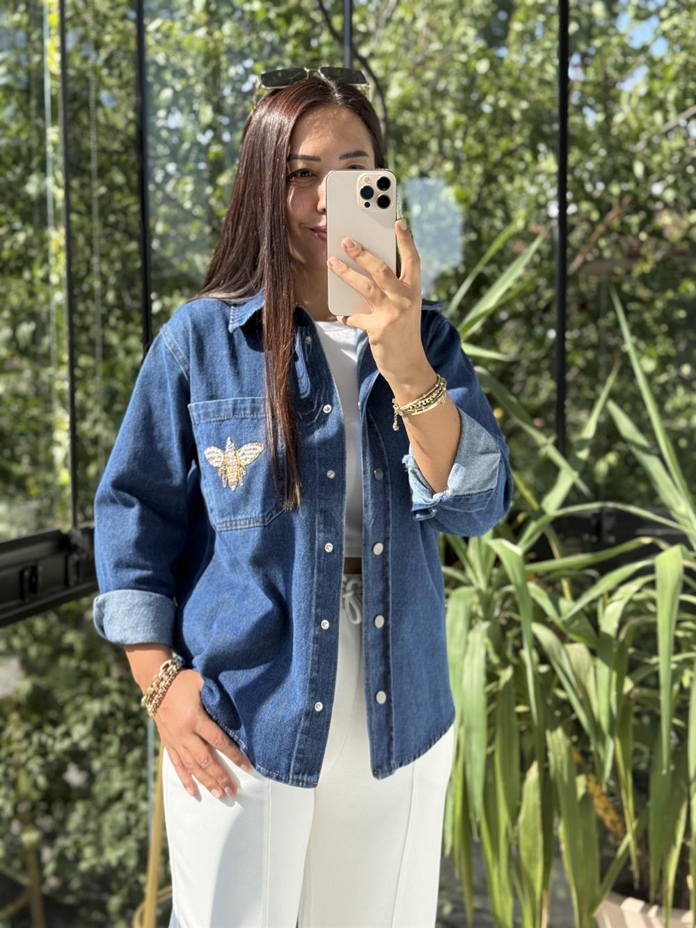 Cebi İşlemeli Baskılı Bymn Gömlek Ceket Mavi