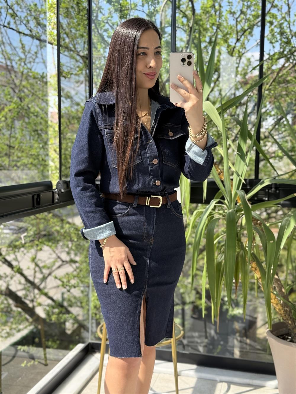 Düğmeli Gömlek Elbise Lacivert