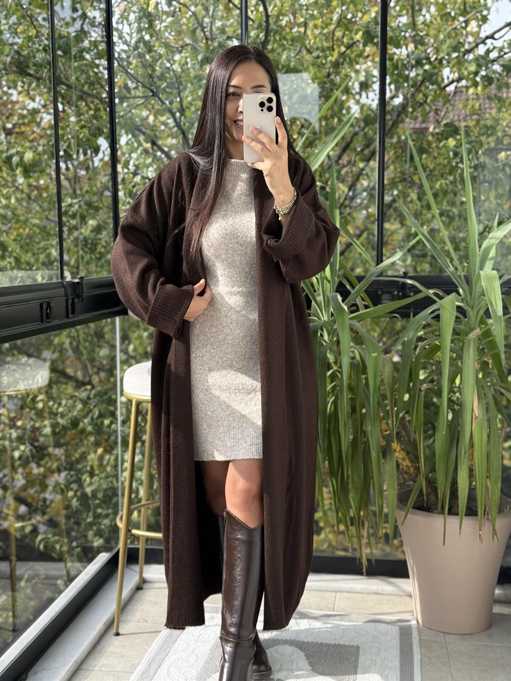 Şal Yaka Uzun Hırka Kahve