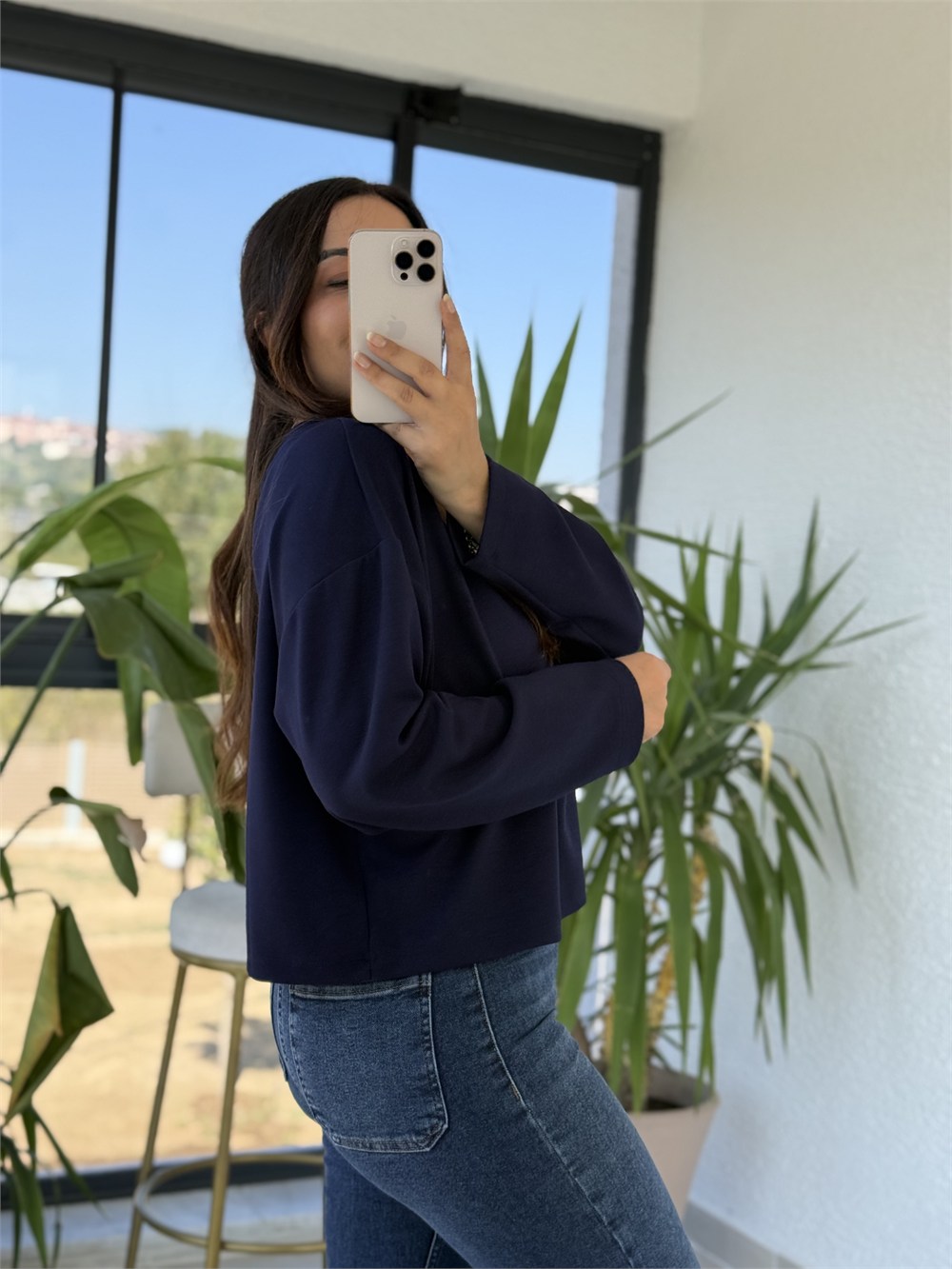 V yaka Oysh Kumaş Bluz Lacivert