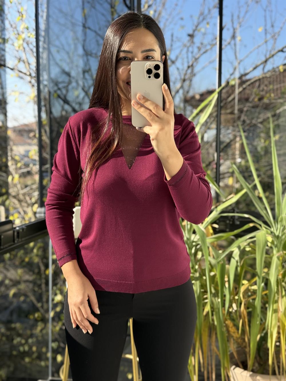 Tül Yaka Detaylı Merserize Triko Mürdüm