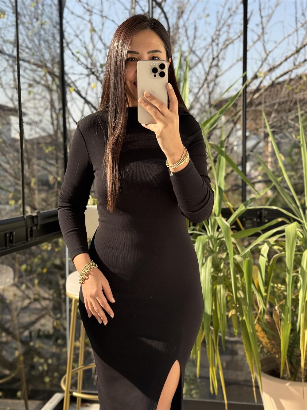 Kayık Yaka Uzun Triko Elbise Siyah