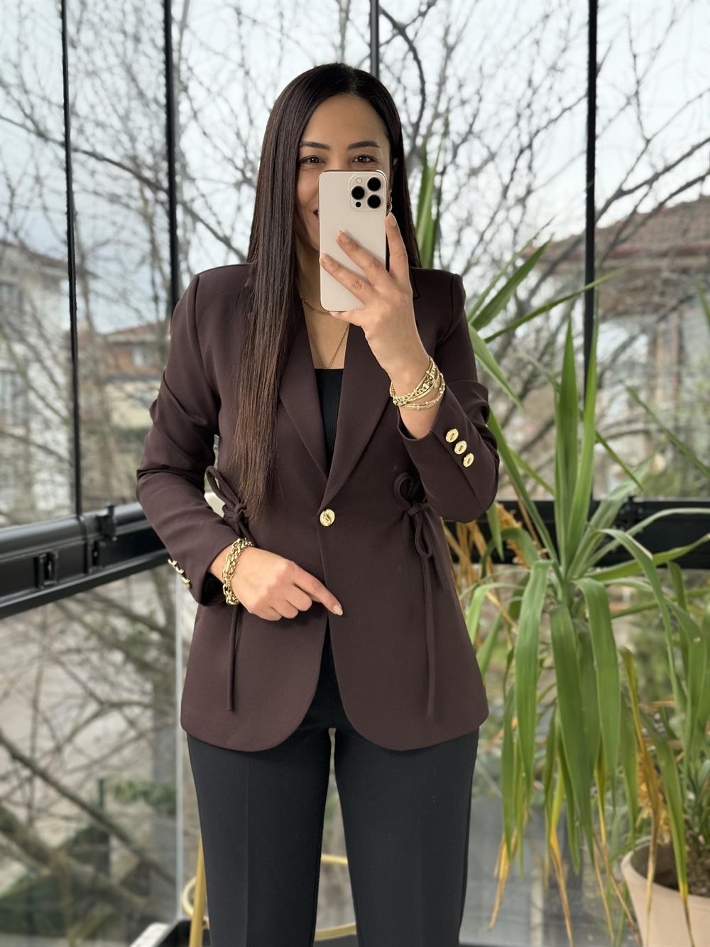 Yanı Bağcıklı Slim Blazer Ceket Kahve 