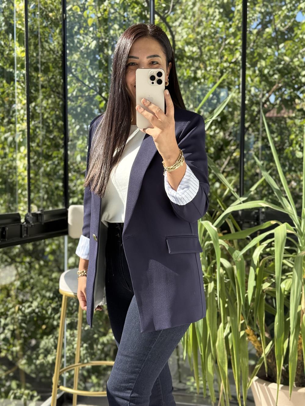 Kol Astarı Garnili Tek Düğme Blazer Ceket Lacivert