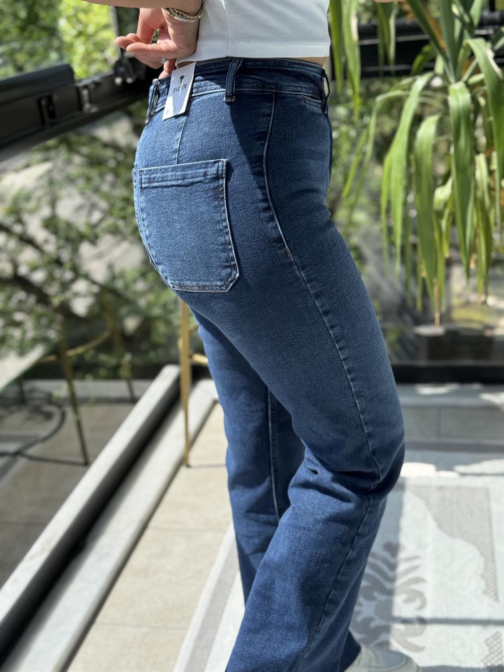 Dekoratif Cep Detaylı Palazzo Kot Pantolon Mavi