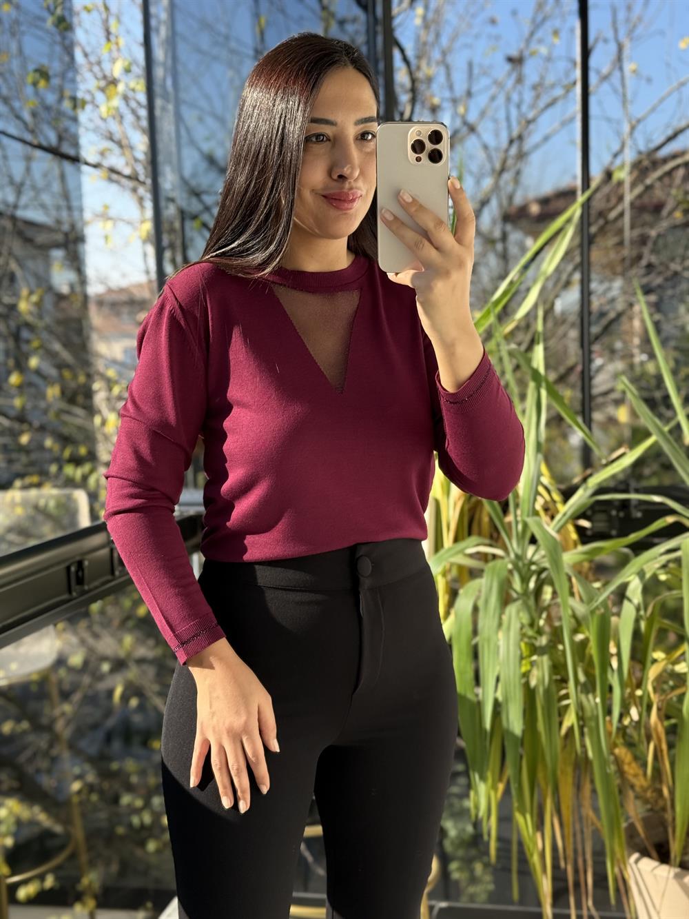 Tül Yaka Detaylı Merserize Triko Mürdüm