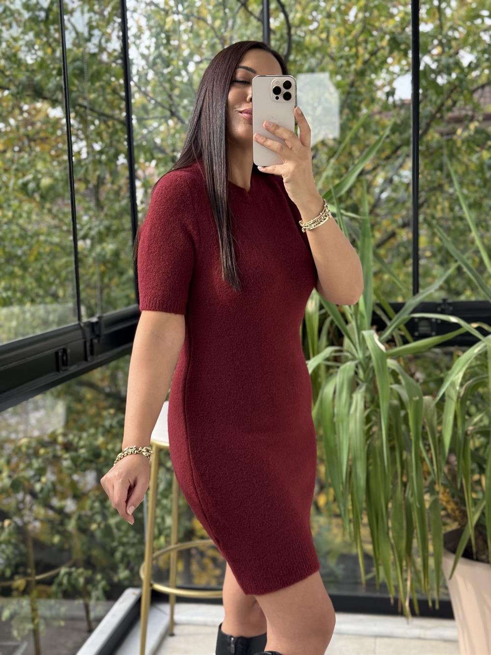 Dilvin Yumuşak Dokulu Kısa Kol Triko Elbise Bordo