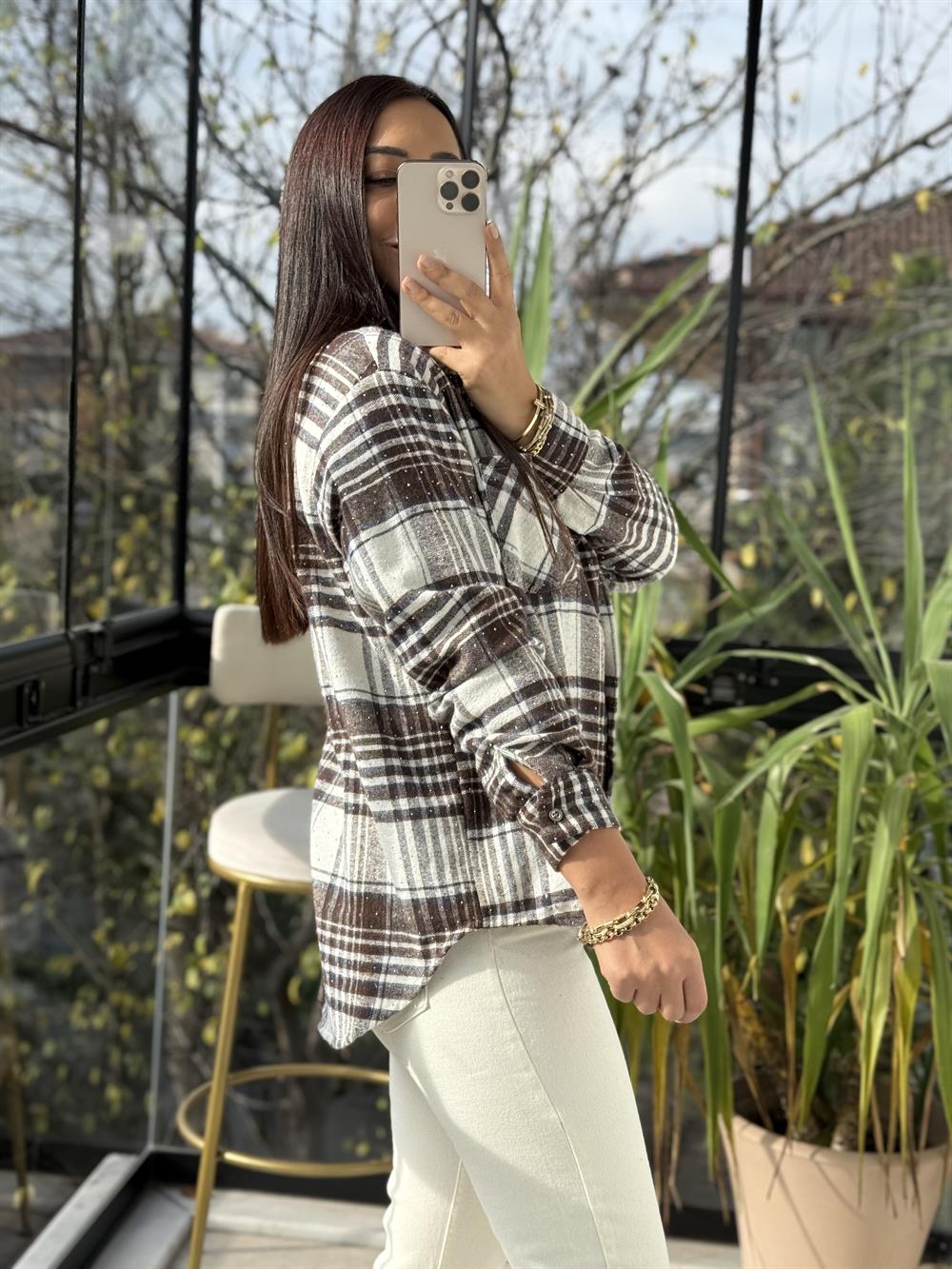 Taşlı Ekose Gömlek Kahve