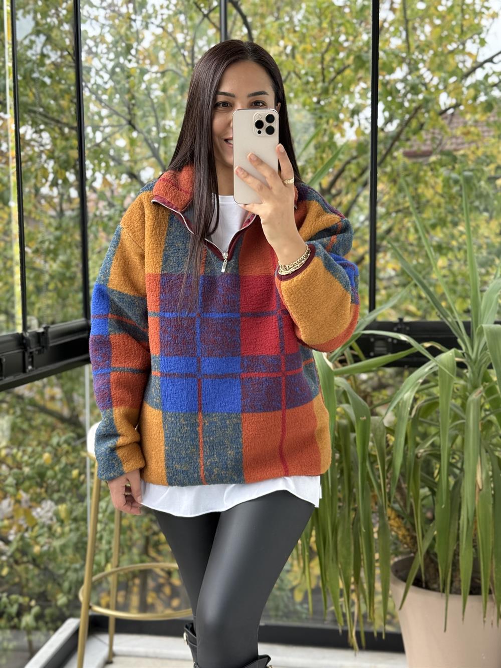 Desenli Fermuarlı Polar Sweat Bordo