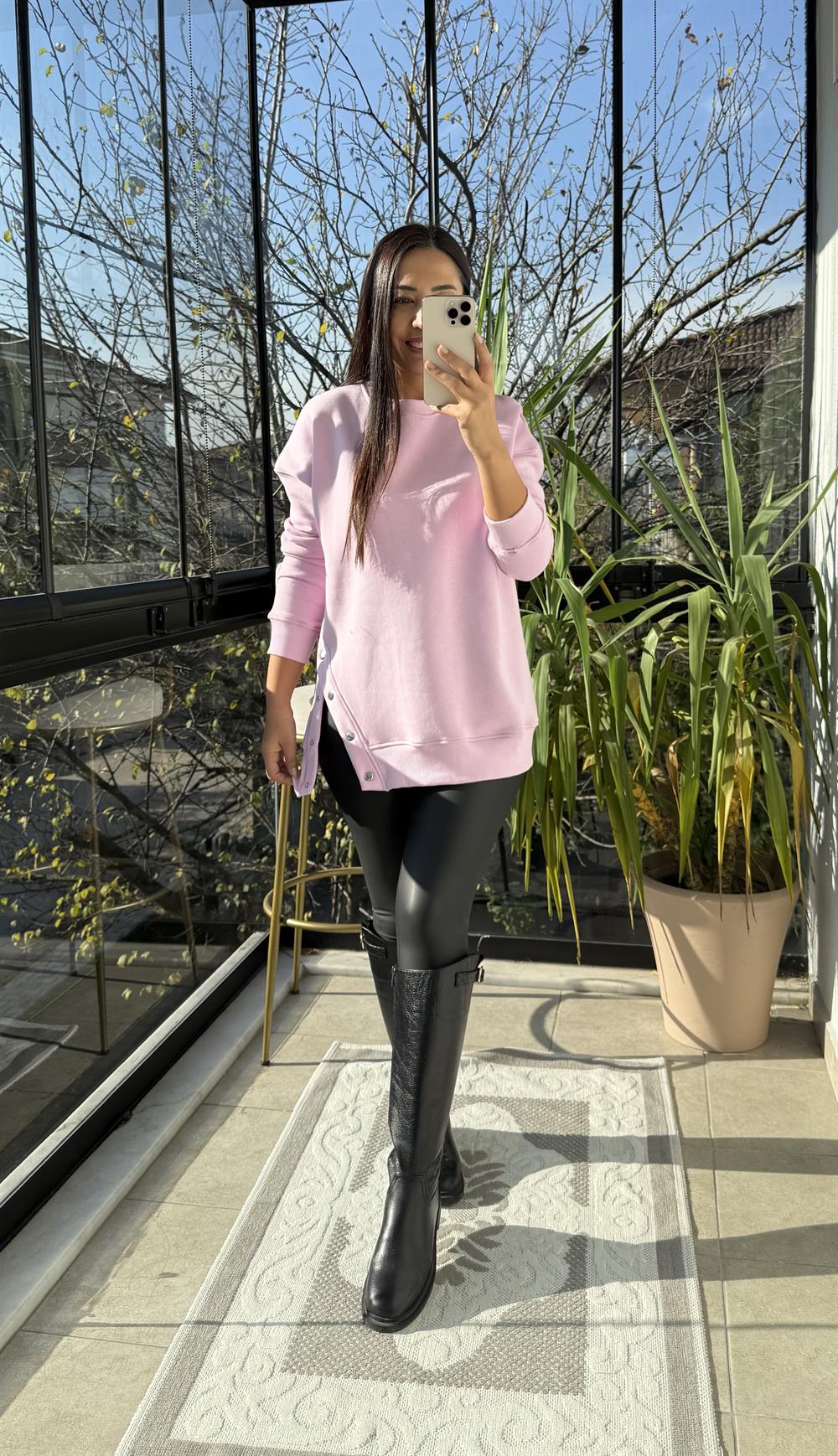 Yanı Çıtçıtlı Sweatshirt Pembe