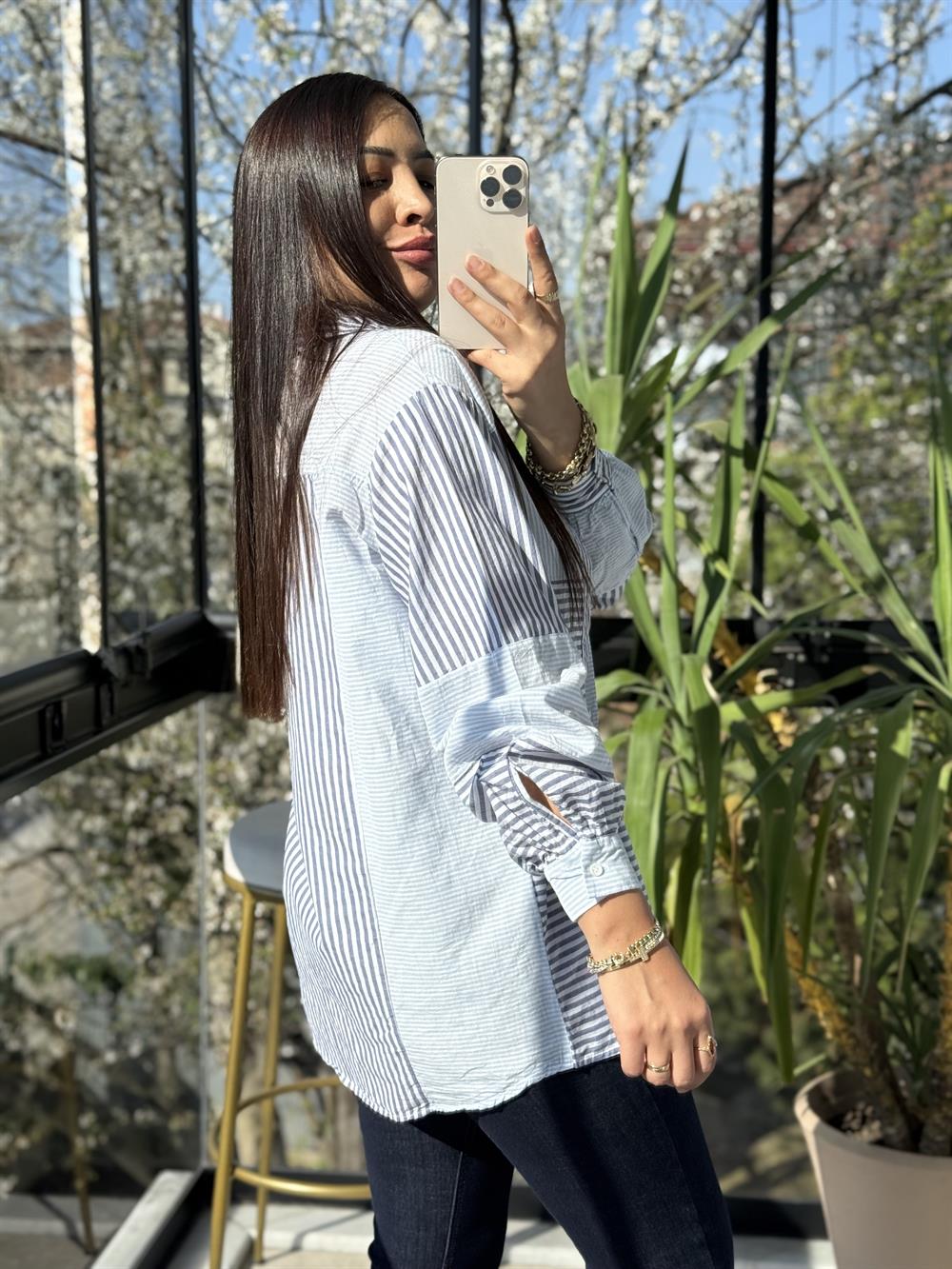 Asimetrik Çizgi Detaylı Pamuklu Gömlek Lacivert