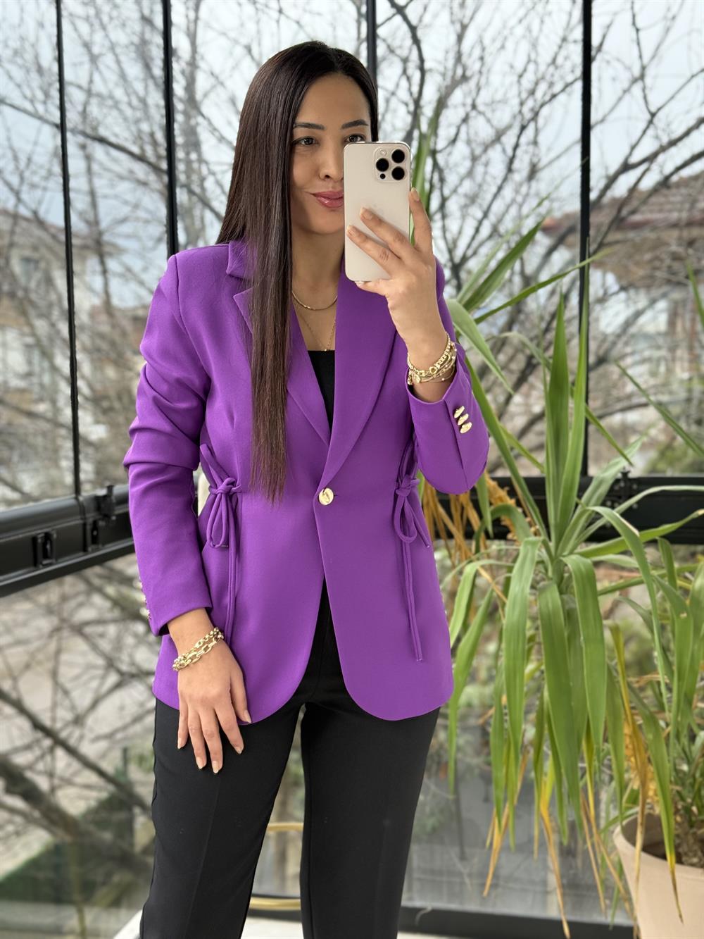 Yanı Bağcıklı Slim Blazer Ceket Mor