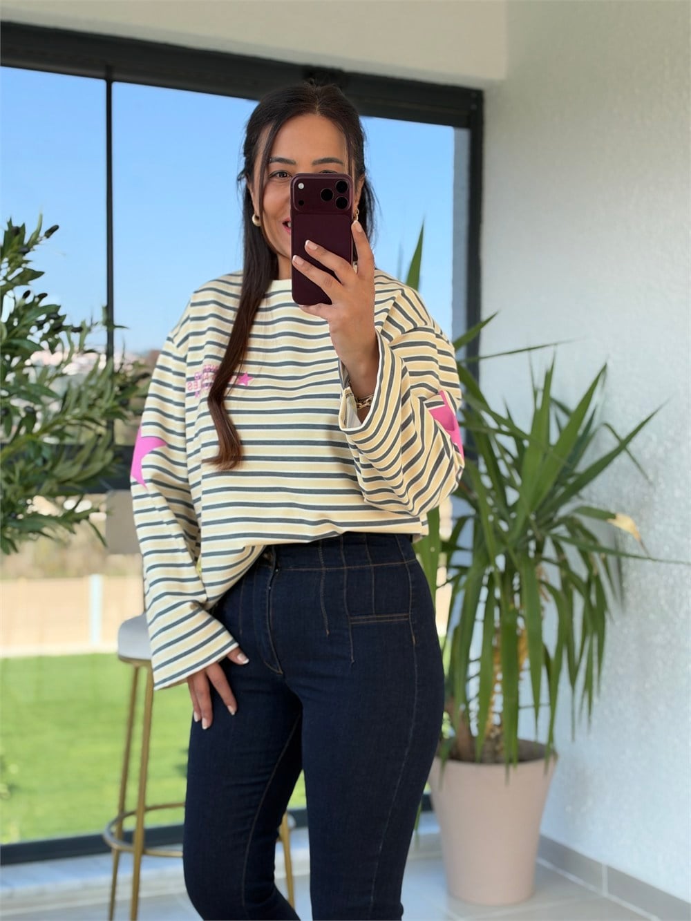 Sunset Çizgili Sweatshirt Sarı