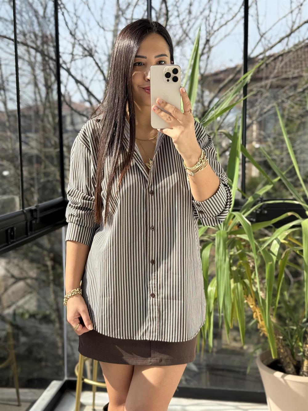 Çizgili Oversize Gömlek Kahve