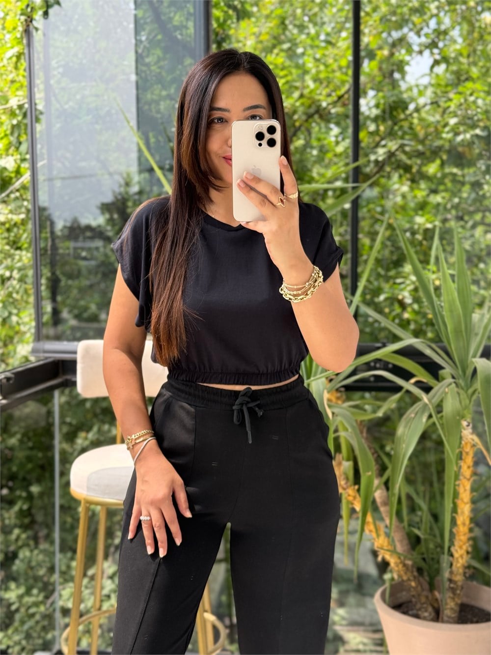 Beli Lastikli Crop Tişört Siyah