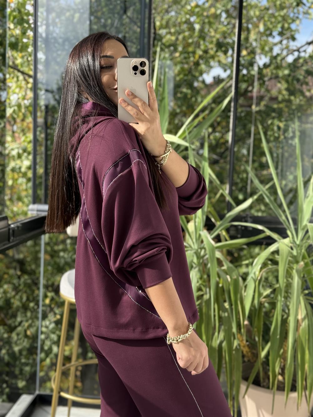 Taşlı Şeritli Takım Mürdüm