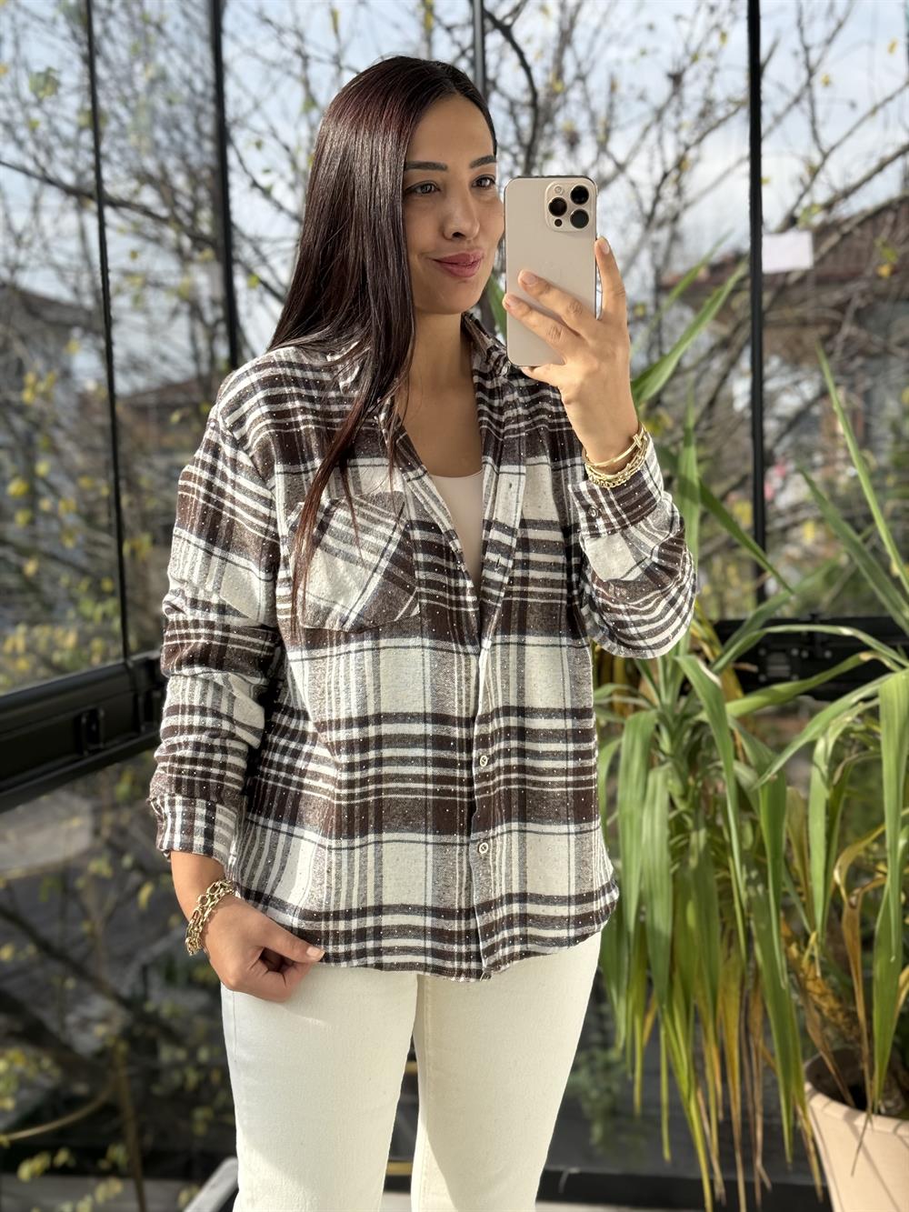 Taşlı Ekose Gömlek Kahve